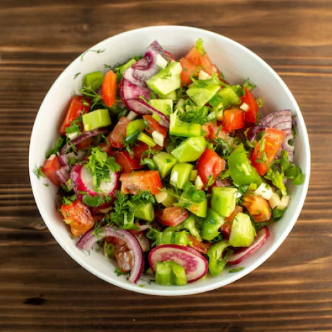 Crunchy Garden Salad – Cucumber, Cherry Tomatoes, Red Onion, Light Lemon Dressing